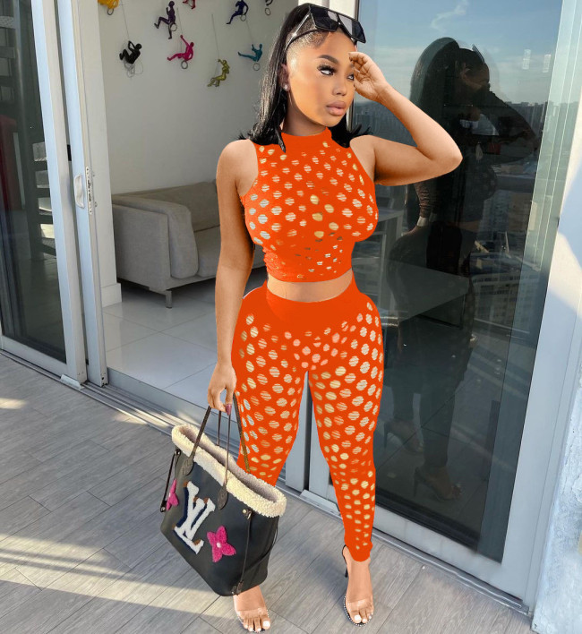 Hollow Out Orange Mesh Sleeveless Crop Top and Pants