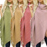 Pink Kintted Striped Heaps Collar Pullover Fringe Asymmetric Top