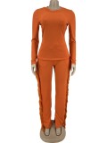 Orange Long Sleeve O-Neck Top and Fringe Sweatpants 2PCS Set