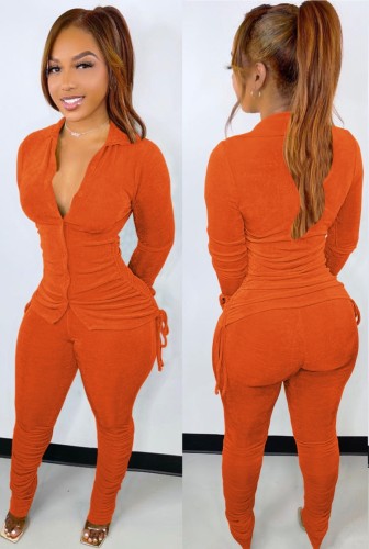 Orange Button Up Long Sleeves Ruched Fitted Top and Pants 2PCS Set