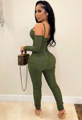 Green Cami Ruched Sheath Jumpsuit with Long Gloves