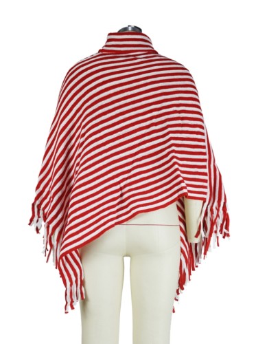 Red Kintted Striped Heaps Collar Pullover Fringe Asymmetric Top