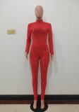 Red Hollow Out Turtleneck Tight Top and High Waist Pants 2PCS Set