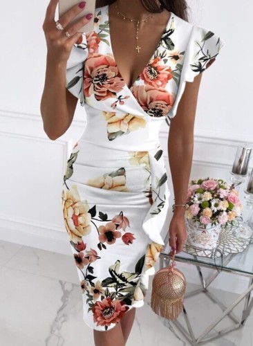 Print V-Neck Flounce Short Sleeve Ruched Midi Dress