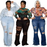 Plus Size Black High Waist Ripped Hole Bell Bottom Jeans