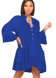 Blue V-Neck Button Up Flare Long Sleeve Ruffles Blouse Dress
