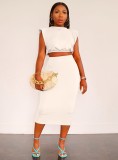 White O-Neck Cape Sleeve Crop Top And High Waist Pencil Skirt 2PCS Sets