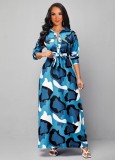 Print Blue A-line Turndown Collar Long Sleeves Maxi Dress