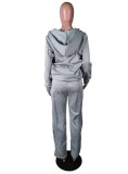 Grey Long Sleeves Drawstring Hoody Top and Pants 2PCS Tracksuit