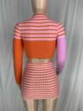 Stripe Print Kintted Long Sleeves Crop Top and High Waist Mini Skirt 2PCS Set