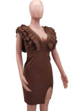 Brown Deep-V Flounce Short Sleeve Slit Midi Dress