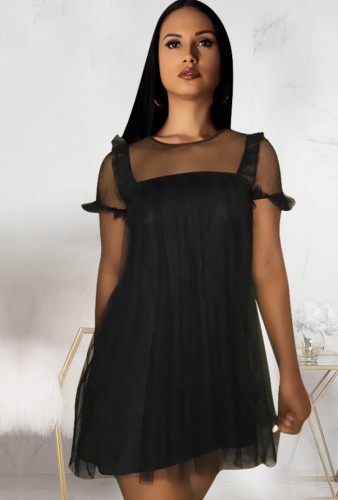 Black Mesh Short Sleeve O-Neck Wide Mini Dress
