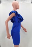 Blue Deep-V Flounce Short Sleeve Slit Midi Dress