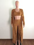 Brown Fuzzy Tank Crop Top and High Waist Pants with Maxi Button Coat