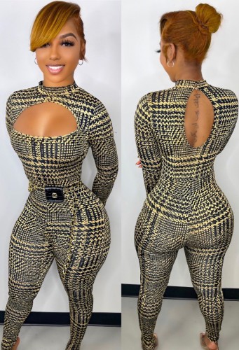 Green Houndstooth Print Keyhole Long Sleeves Sheath Jumpsuit