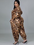 Plus Size Leopard Print V-Neck Long Sleeve Loose Baggy Jumpsuit