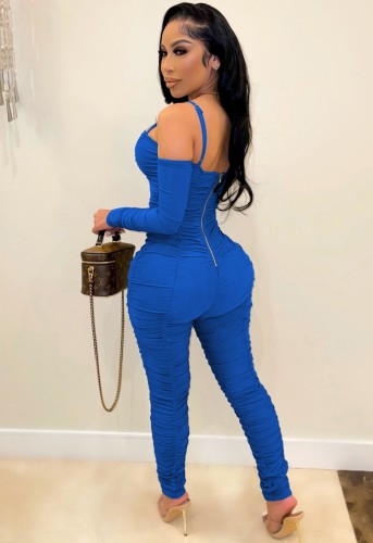 Blue Cami Ruched Sheath Jumpsuit with Long Gloves