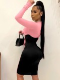Pink and Black Contrast O-Neck Lace Up Long Sleeve Tight Midi Dress