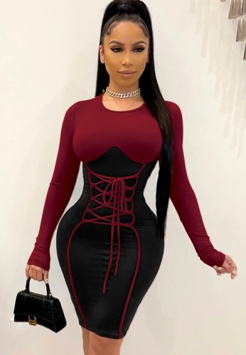 Red and Black Contrast O-Neck Lace Up Long Sleeve Tight Midi Dress