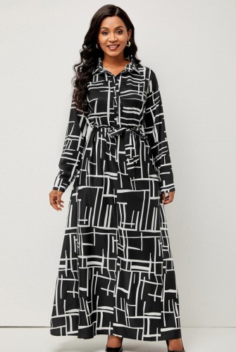 Print Black A-line Turndown Collar Long Sleeves Maxi Dress