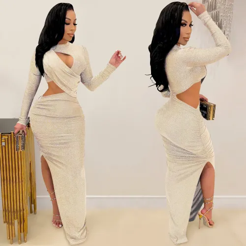 Apricot Sexy Long Sleeve Cut Out Slit Evening Dress