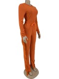 Orange Long Sleeve O-Neck Top and Fringe Sweatpants 2PCS Set
