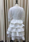White Half Puff Sleeve Ruffled Long Layered Dress