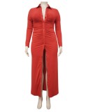 Plus Size Red Button Open Long Sleeves Long Blouse Dress
