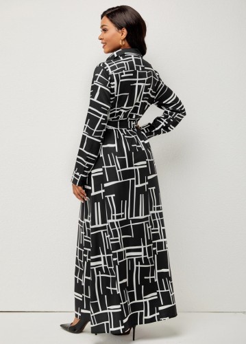 Print Black A-line Turndown Collar Long Sleeves Maxi Dress
