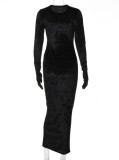 Black Velvet Tight Long Sleeves O-Neck Maxi Dress with Gloves