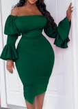 Plus Size Dark  Green Off Shoulder Flare Long Sleeve Irregular Midi Dress