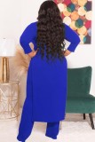 Plus Size Blue O-Neck Long Sleeve Slit Long Top And Pant 2PCS Set