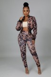 Print Zip Long Sleeve Blouson Crop Top and Pants 2PCS Set