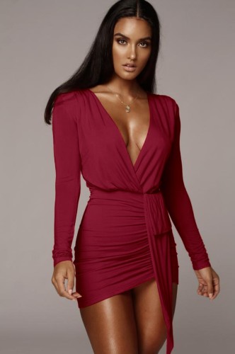 Red Deep-V Long Sleeves Ruched Mini Cocktail Dress