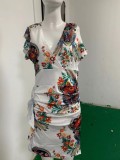 Print V-Neck Flounce Short Sleeve Ruched Midi Dress