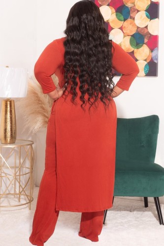 Plus Size Red O-Neck Long Sleeve Slit Long Top And Pant 2PCS Set