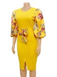 Flower Print Yellow Half Puff Sleeve O-Neck Midi Dress