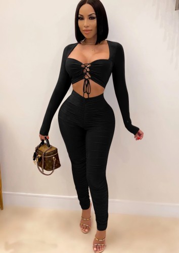 Black Lace Up Long Sleeves Crop Top and High Waist Ruched Pant 2PCS Set
