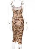 Brown Zebra Print Cami Slit Midi Sheath Dress