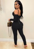 Black Cami Ruched Sheath Jumpsuit with Long Gloves