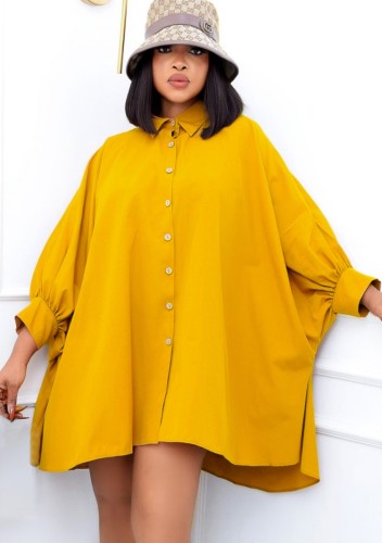 Plus Size Yellow Button Open Bat Long Sleeves Oversize Dress