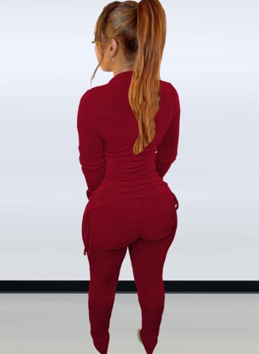 Red Button Up Long Sleeves Ruched Fitted Top and Pants 2PCS Set