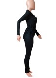 Black Button Up Long Sleeves Ruched Fitted Top and Pants 2PCS Set