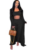 Black Fuzzy Tank Crop Top and High Waist Pants with Maxi Button Coat