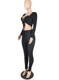 Black Lace Up Long Sleeves Crop Top and High Waist Ruched Pant 2PCS Set