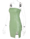 Green PU Leather Slinky Split Mini Bandeau Dress