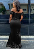 Black Silk Off Shoulder Short Sleeve Slit Mermaid Maxi Dress
