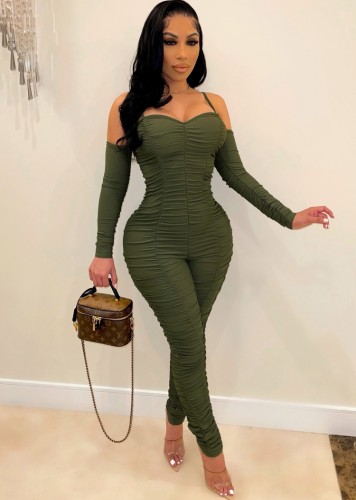 Green Cami Ruched Sheath Jumpsuit with Long Gloves