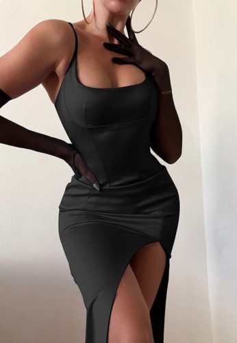 Black Silk Cami Slit Tight Long Dress with Mesh Long Glove