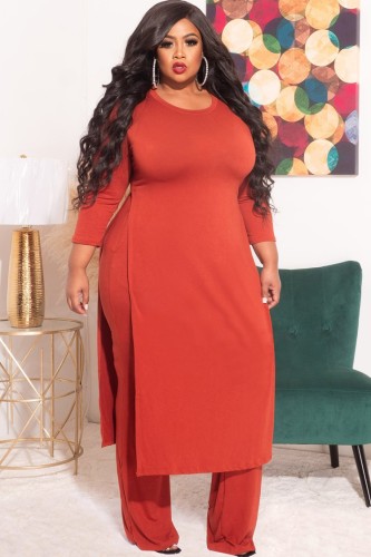 Plus Size Red O-Neck Long Sleeve Slit Long Top And Pant 2PCS Set